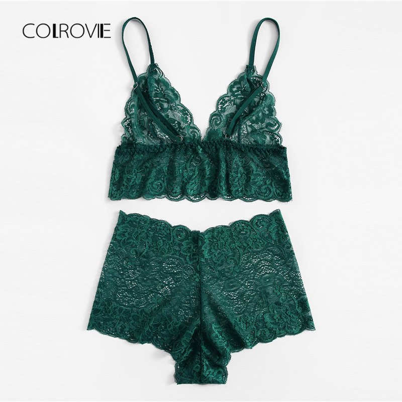 COLROVIE Green Sexy Floral Lace Longline Lingerie Set 2018 Autumn Red Women Bra And Brief Sets Wireless Sexy Underwear Bra Set