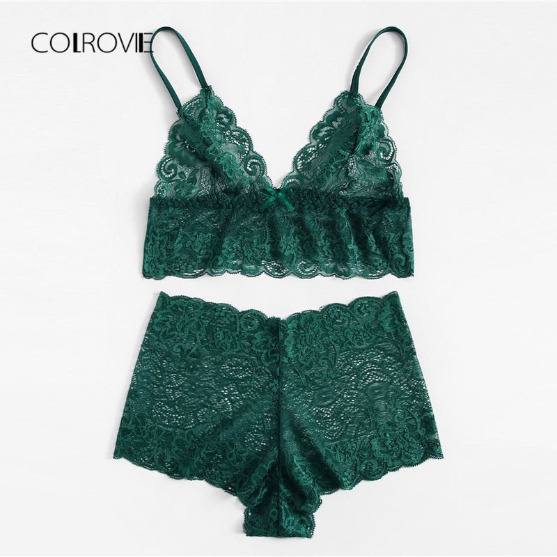COLROVIE Green Sexy Floral Lace Longline Lingerie Set 2018 Autumn Red Women Bra And Brief Sets Wireless Sexy Underwear Bra Set