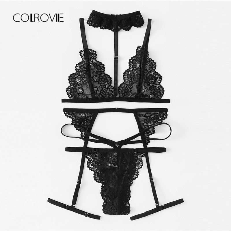 Black Sexy Floral Scalloped Trim Lace Lingerie Set New Women Bra And