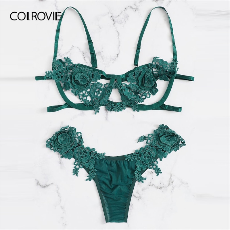 Colrovie Green Floral Harness Appliques Lace Sexy Lingerie Set Women Intimates 2019 Underwire