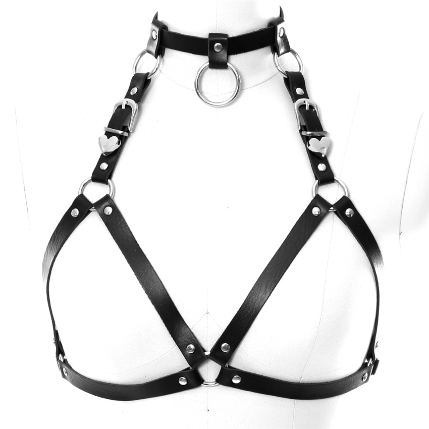 BODY BONDAGE Pu Leather Harness belt of Women Black Sexy Tops Cage Bra BDSM Bondage Harness Goth Pentagram Full Dance underwear