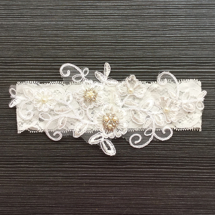 Wedding Garter Blue Rhinestone Embroidery Flower White Sexy Garters For