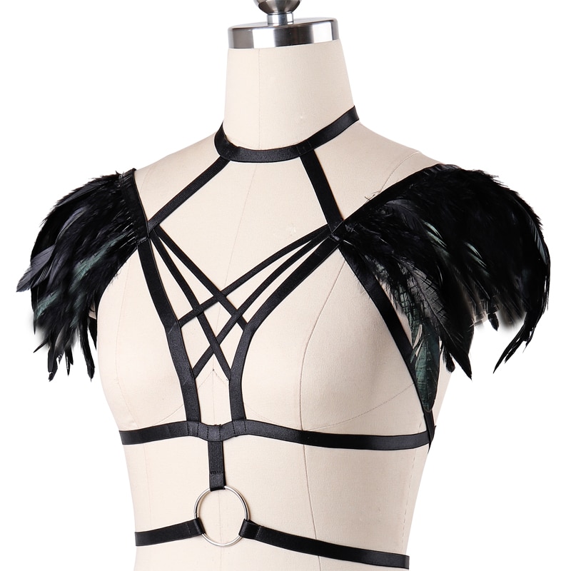 Rave Wear Feathers Epaulette Cage Bra Womens Feathers Gothic Body Harness Belt Best Crossdress