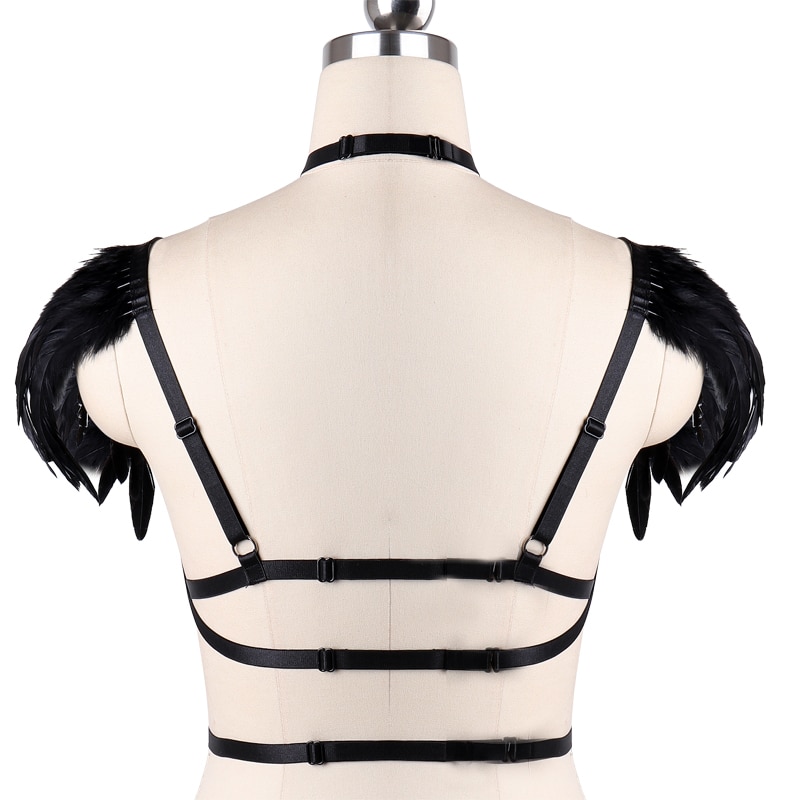 Rave Wear Feathers Epaulette Cage Bra Womens Feathers Gothic Body Harness Belt Best Crossdress