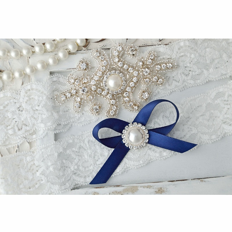 Wedding Bridal Garter Set Crystal Rhinestone on a WHITE Lace crystal Toss Garter Set with Ivory Bow