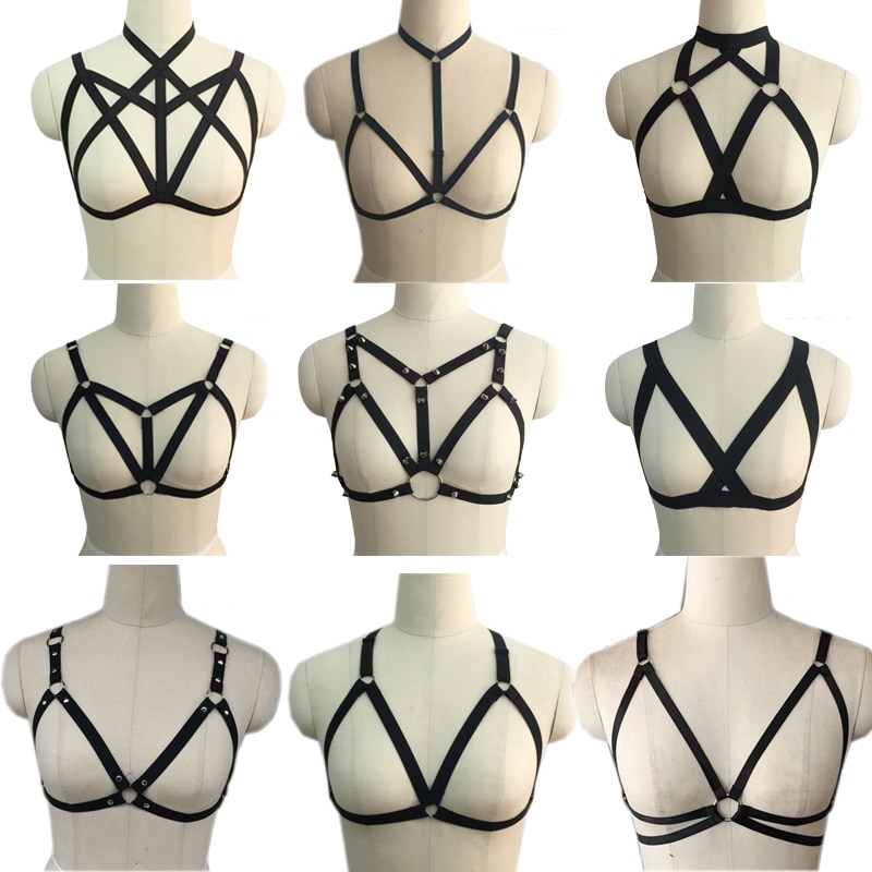 Sexy Black Open Chest Polyester Cage Bra Women Body Harness Crop Top