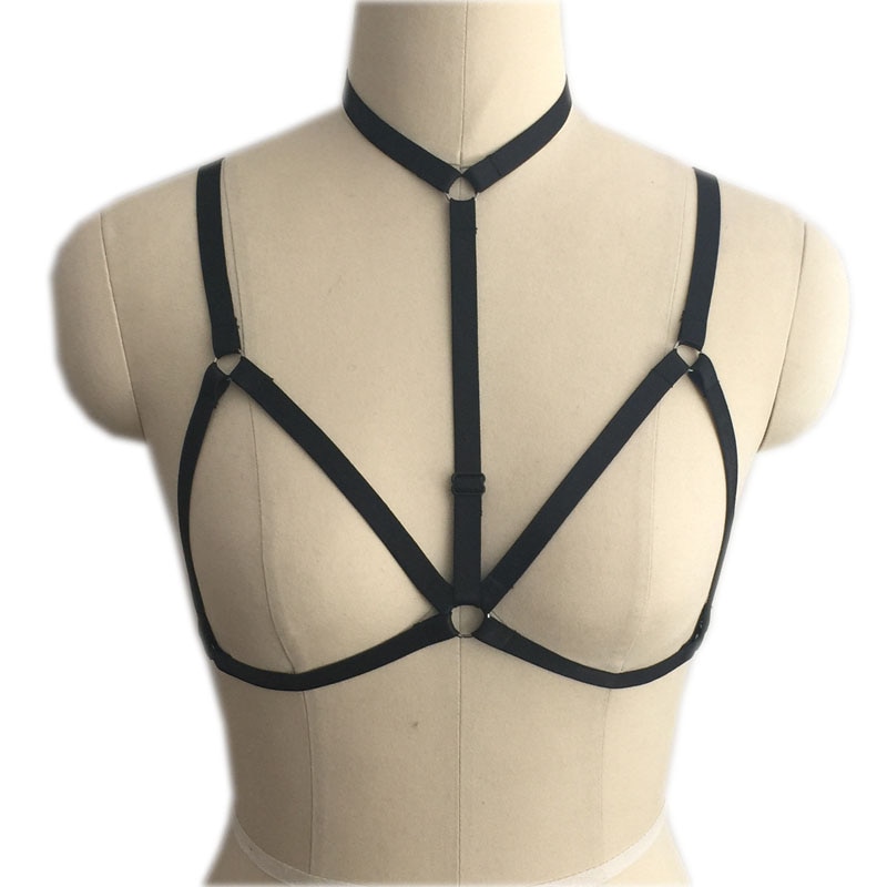 Sexy Black Open Chest Polyester Cage Bra Women Body Harness Crop Top