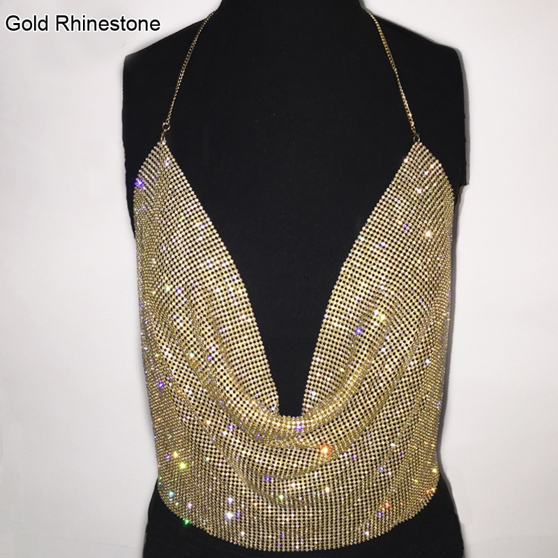 Womens Rhinestone Metal Crop Top Summer Gold Silver Sparkly Draped ...