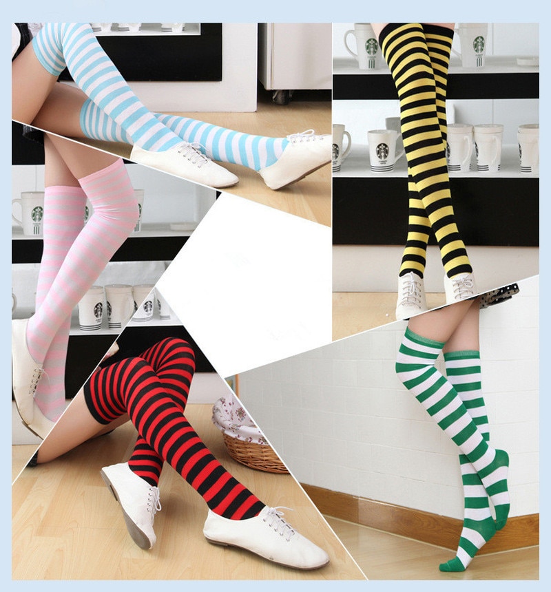 1Pair New 4 Colors Women Girls Over Knee Long Stripe Printed Thigh High Striped Patterned Socks Sweet Cute Warm Wholesale Lot