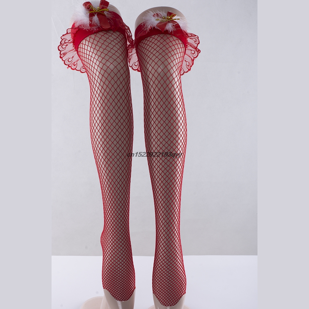 women fishnet Sexy Over Knee Stockings Nightclub feather bowknot Lace silk thigh high Tights lingerie pantyhose Christmas red
