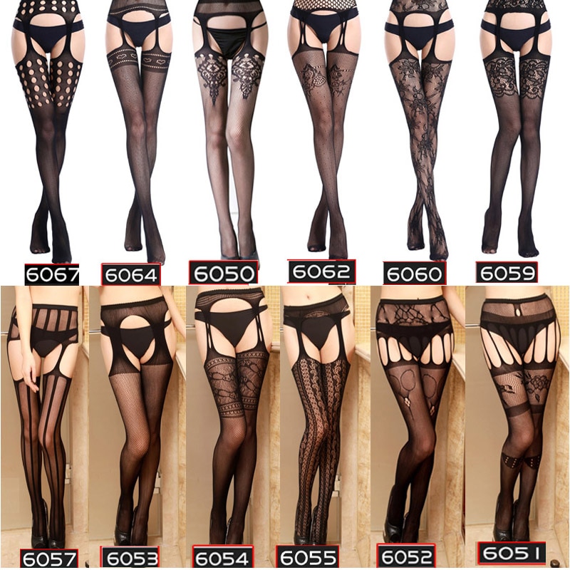 Women Sexy Lingerie Hollow Out Tights Lace Stockings Female Thigh High Fishnet Embroidery Transparent Pantyhose Stripe Stockings