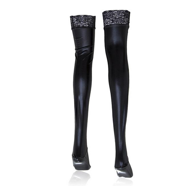 New Sexy Latex Stockings Lady's Black PVC Pole Dance black Lace Stockings Leather Erotic Clubwear Length Micro Mini Stocking