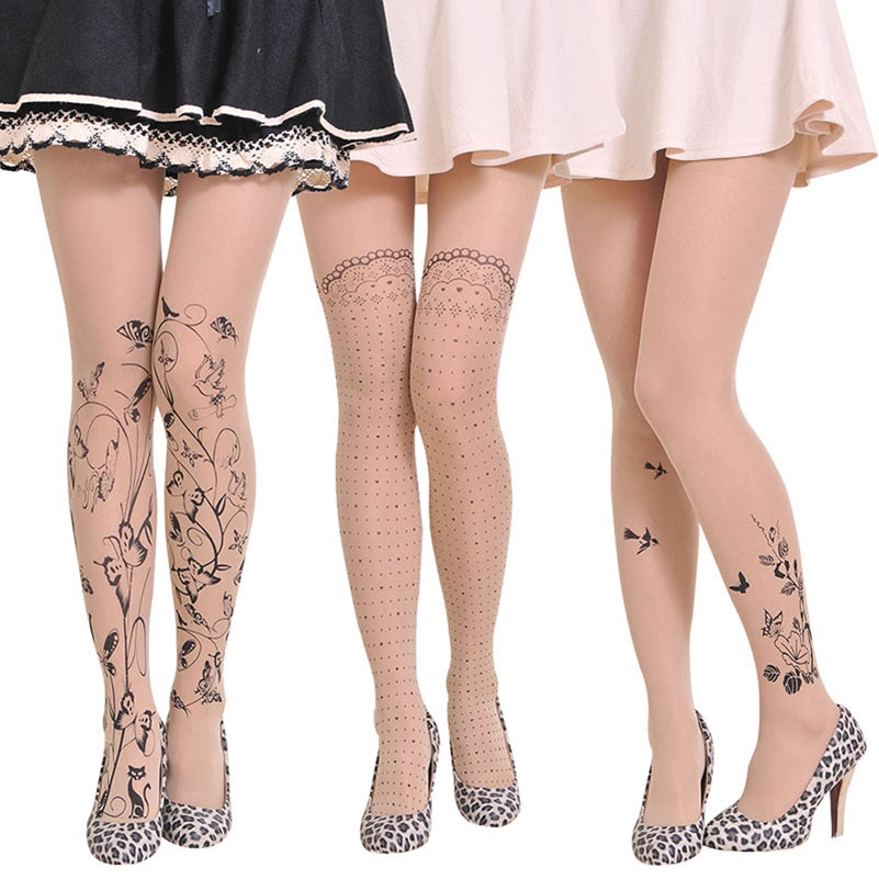 3 Pairs Women's Tights Classic Silk Stockings Thin Lady Vintage Faux Tattoo Stockings Pantyhose Female Hosiery Summer Sexy Meias