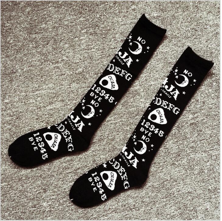 Free Shipping Thigh High Long Socks of 2016 Fall for Women Ladies Black Color  Fashion Letter Pattern Ouija board