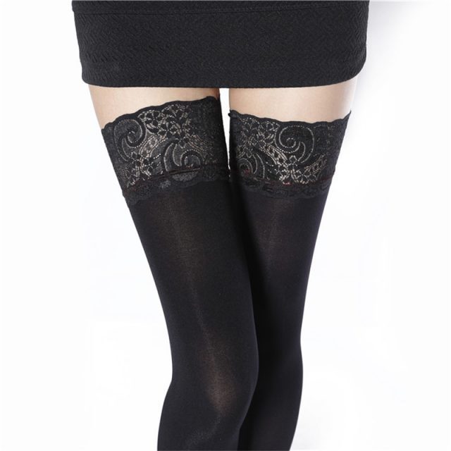 Black Lace Floral Top Stay-up Silicone Over Knee Thigh High Stockings ...