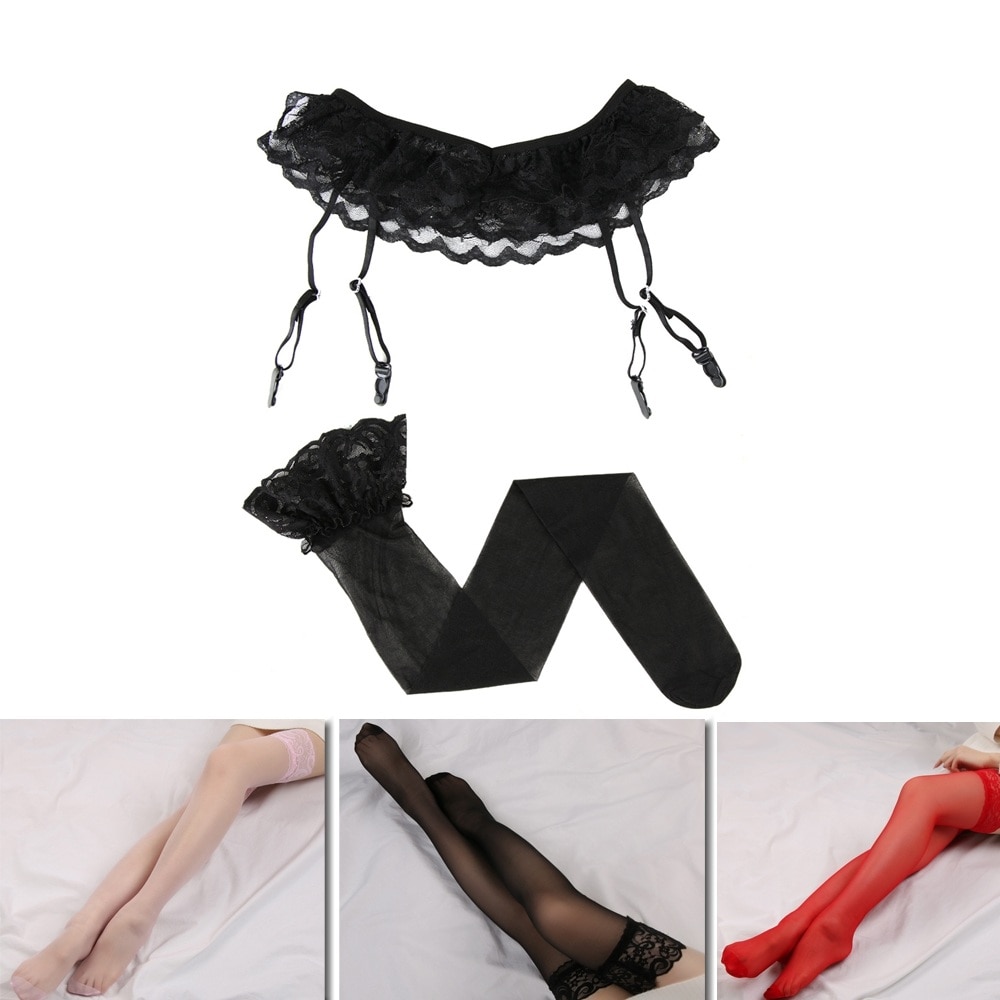 1Set Fashion Women Sexy Lace Soft Top Thigh-Highs Stockings + Suspender Garter Belt Summer Lady Black Solid Stocking Set