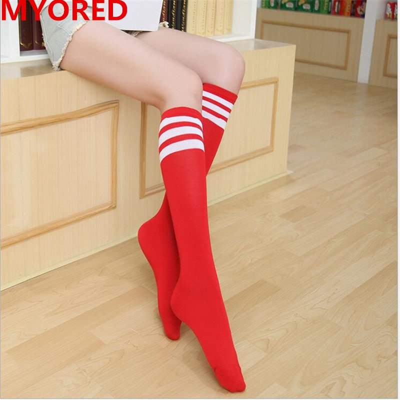 MYORED candy colored stripes cotton sexy womens long socks style party street dancing knee sock