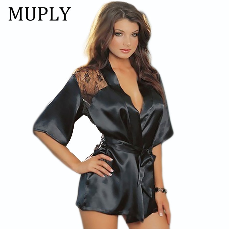 Muply New Hot Sexy Lingerie Plus Size Satin Lace Black Kimono Intimate Sleepwear Robe Sexy Night 