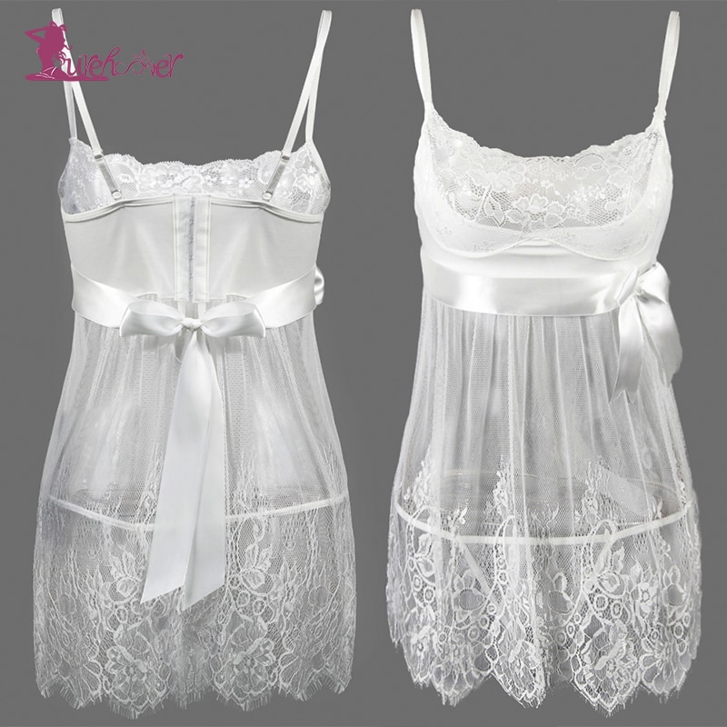 Lurehooker Sexy Lace Erotic Lingerie White Perspective Sexy Underwear Embroidery Bow Sleep Sling Dress+T-thongs Babydoll