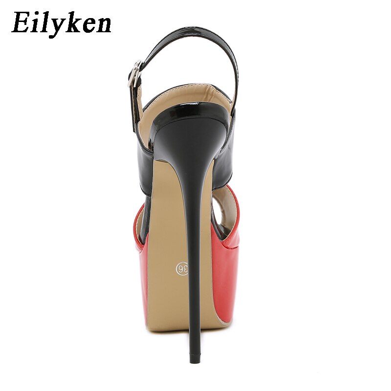 Eilyken  Summer Fashion  Peep Toe Ultra High Thin Heels Mixed Colors Patent Leather Shallow Buckle Strap Party Ladies Sandals