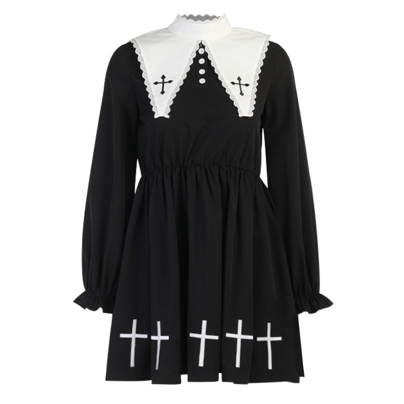 Goth Black Dress Cross Print Preppy High Waist Mini Dresses Doll Collar Women Long Sleeve Autumn Harajuku Punk Dress Grunge JK