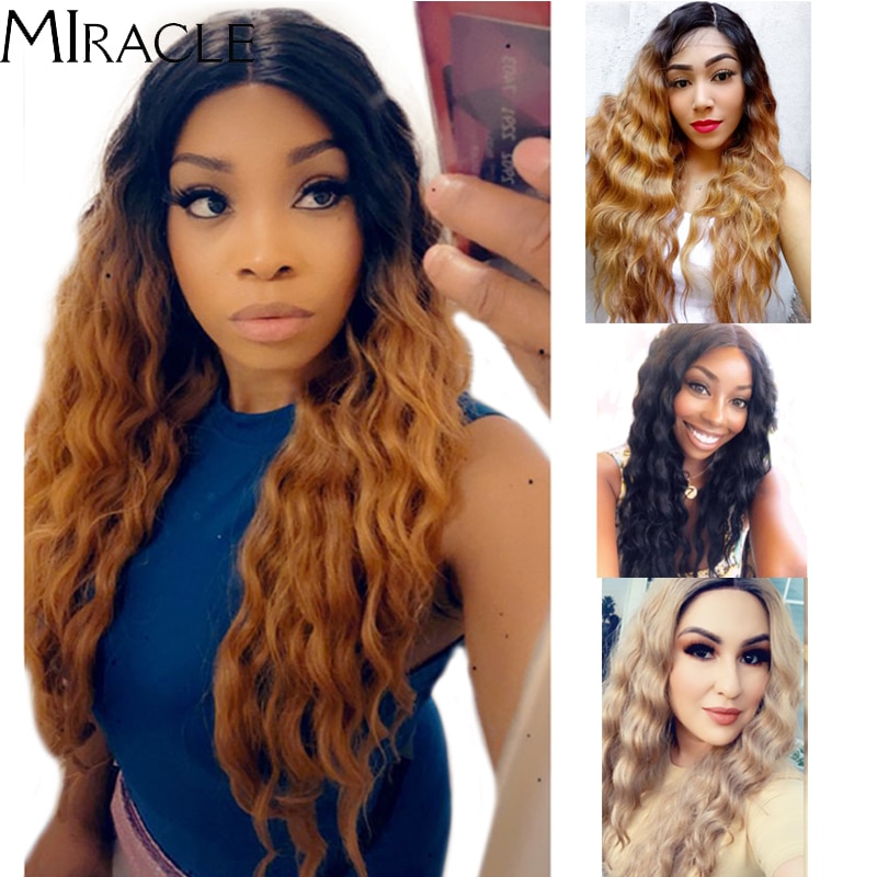 Synthetic Lace Wigs Blonde Wig Deep Wave Cosplay Lolita Wig 30Inch Ombre Blonde Wigs For Women High Temperature Fiber Miracle