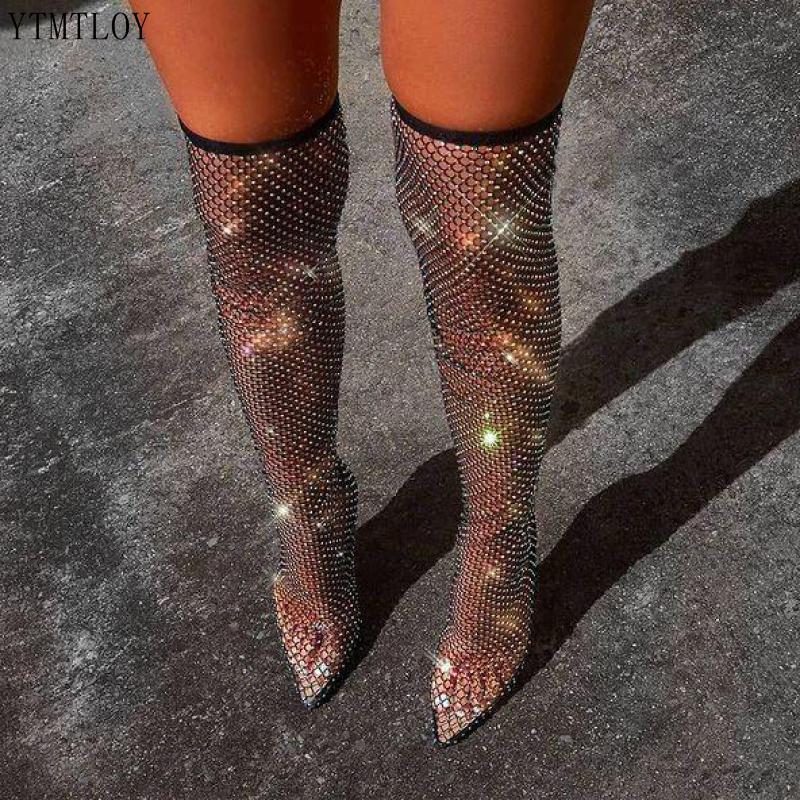 Full Rhinestone Mesh Summer Boots Women Thigh High Over The Knee Ytmtloy Sandals Zapatos Transparentes De Mujer