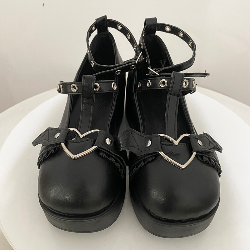 new Sweet Heart Buckle Wedges Mary Janes Women Pink T-Strap Chunky Platform Lolita Shoes Woman Punk Gothic Cosplay Shoes 43