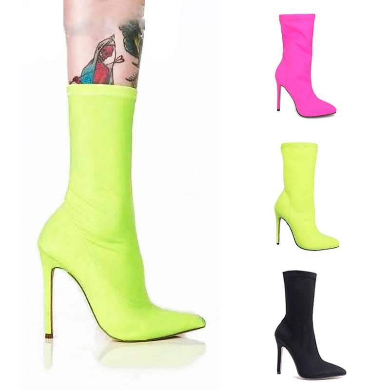 Women heel Shoes Pointed Toe Elastic Boots Candy Color Cloth Boots High Heel Socks Boots Thin High Heels Women Pumps Size 35-43