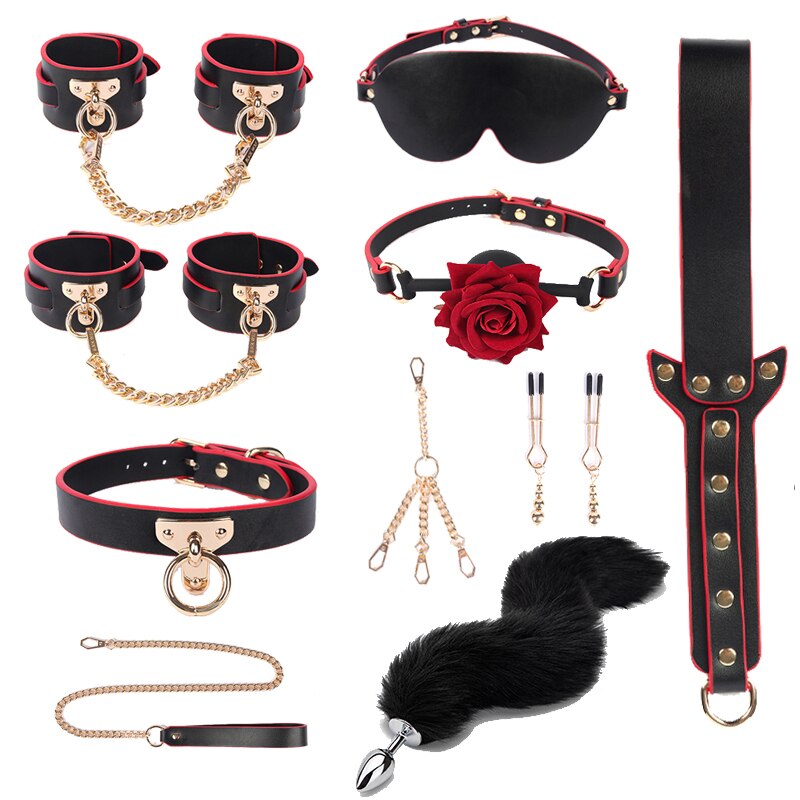 10PCS/Set BDSM Kits Genuine Leather Bed Bondage Set Restraint Handcuffs Collar Gag Erotic Sex Toys For Women Couples Adult Games