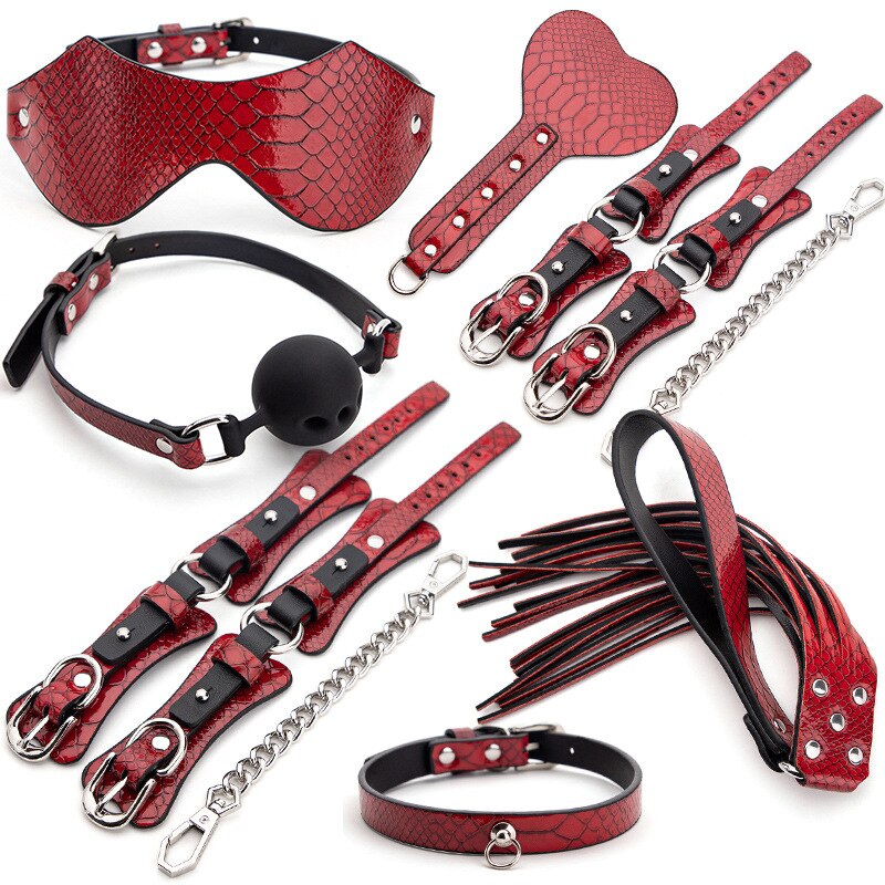 High Quality Leather Crocodile Pattern Erotic BDSM Lover Sex Toys Kit Restraint Handcuffs Collar Blindfold Adult SM Sex Toys Set