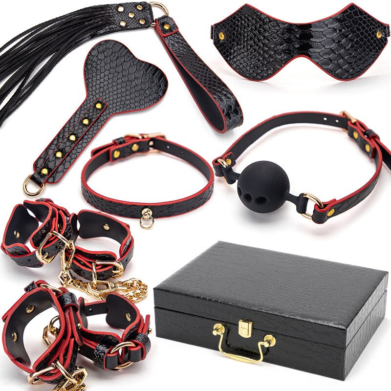 High Quality Leather Crocodile Pattern Erotic BDSM Lover Sex Toys Kit Restraint Handcuffs Collar Blindfold Adult SM Sex Toys Set