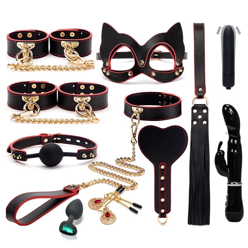 Slave Bed Bondage Set Genuine Leather BDSM Kits Handcuffs Collar Gags Tail Plug Vibrators Sex Toys For Women Couples Adult Games