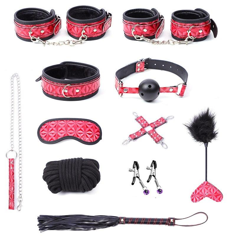 10 PCS Set Sexy Leather SM Kits Bed Sex Bondage Handcuffs  Whip Gag Nipple Clamps Toys For Adult Game Couples Exotic Accessories