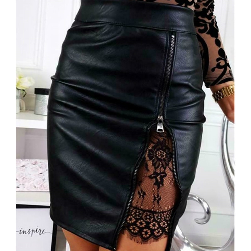 New Fashion Women Office Elegant Mini Skirts Lace patchwork Lady High waist PU Leather Zipper Skirts Split Bodycon Party Clothes