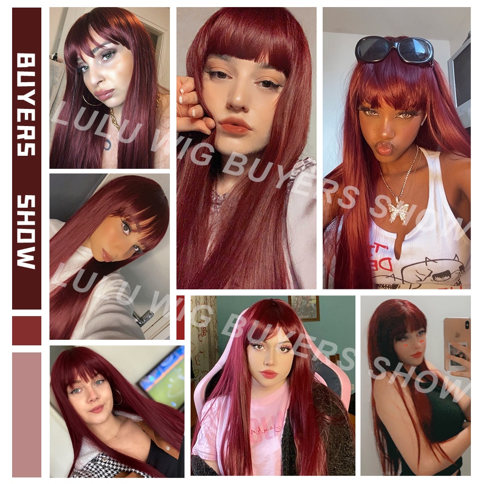 Long Straight Wine Red Wig With Bang Synthetic Wigs for Women Heat Resistant Natural Hair for Daily Halloween Cosplay Party