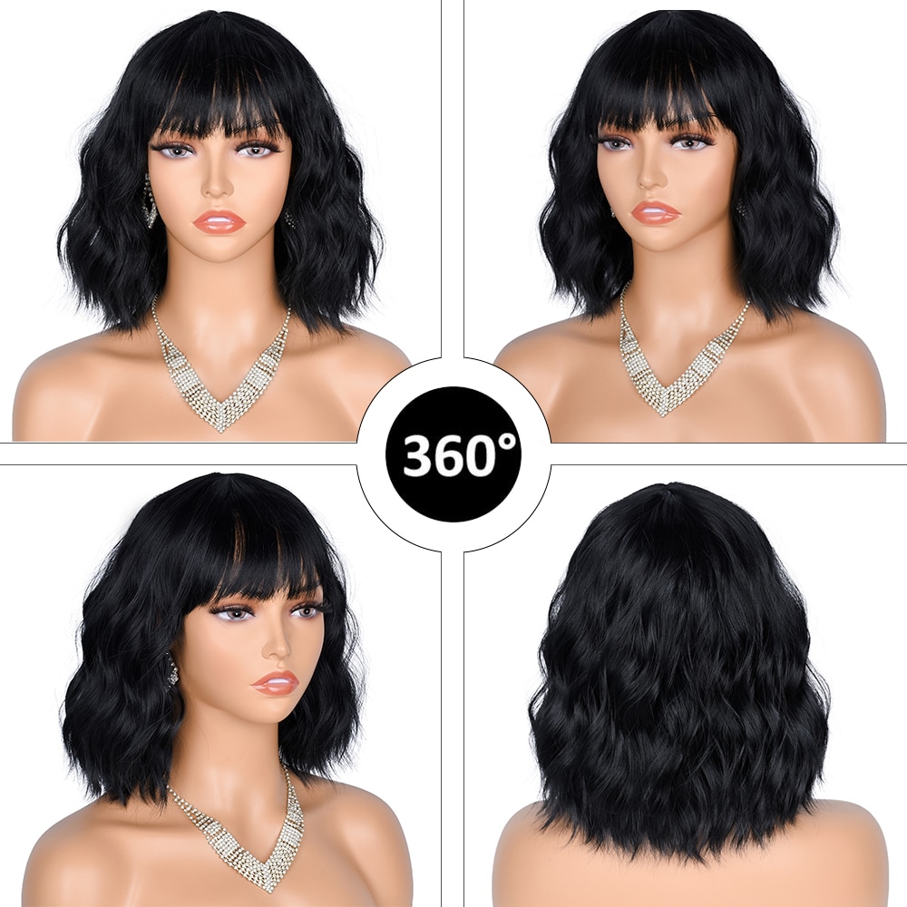 Short Wavy Black Bob Wigs With Bangs For Women Girls Synthetic Brown White Lolita Halloween Cosplay Wig Heat Resistant Lizzy