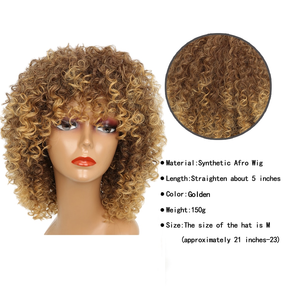 Short Synthetic Blonde Curly Wigs For Women Afro Kinky Curly Wig With Bangs Omber Brown Blonde Cosplay Hair High Temperature
