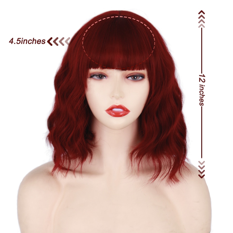 Short Bob Synthetic Wigs for Women Short Wavy Wigs with Bangs Wavy Bob Wig Wine Red Wig Heat Resistant Fiber Cosplay hair