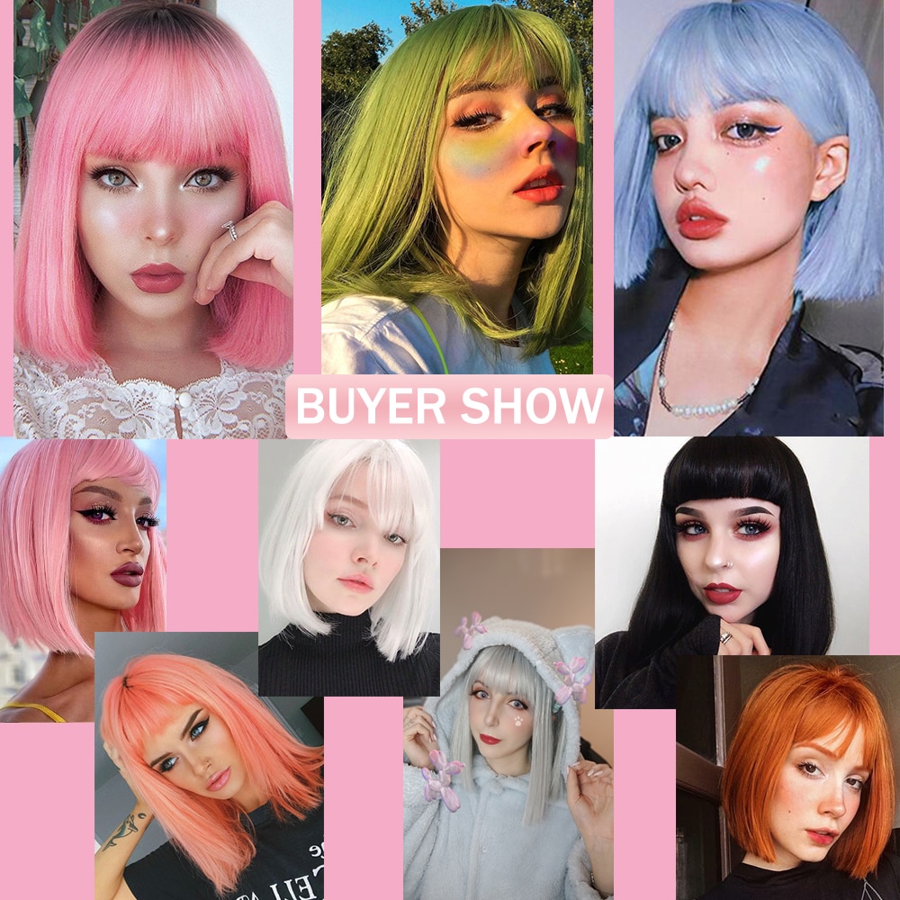 AZQUEEN Synthetic Bob Wigs Short Bob Straight Wig With Bangs for Women Black Pink Wig for Party Daily Use Shoulder Length