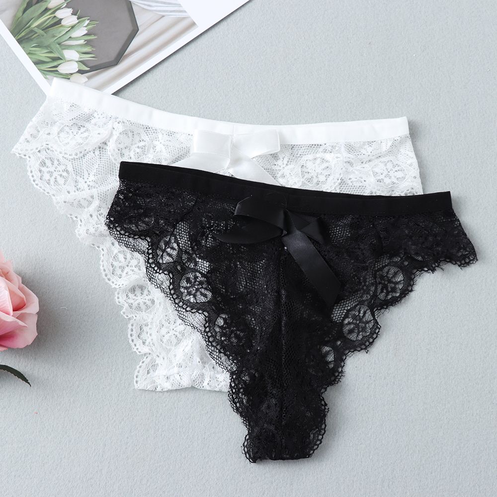 Okdeals Women Lady Kawaii JK Lolita Sexy Hollow Bow Tie Panties Xmas Gift Fully Lace Crotch Transparent G String Thong Plus Size