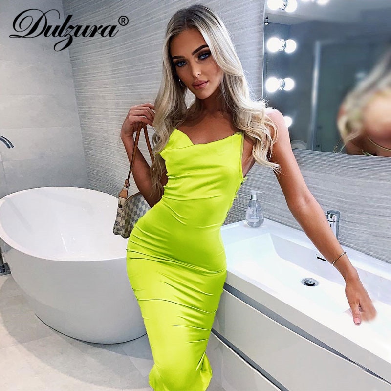 Dulzura neon satin lace up 2021 summer women bodycon long midi dress sleeveless backless elegant party outfits sexy club clothes