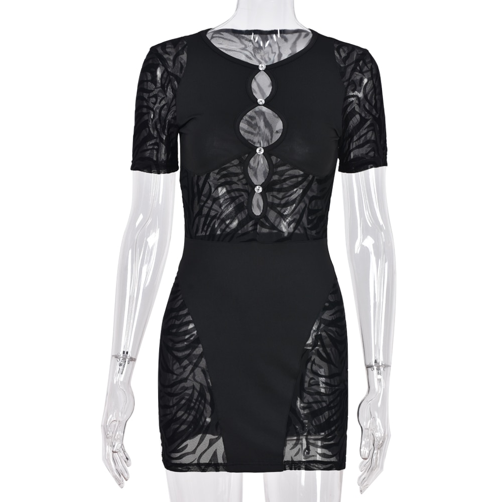 Plus Size Cut Out Sexy Zebra Mesh Transparent Women Mini Dress for Beach Holiday Night Club Party Bodycon Pencil Shorts Dresses