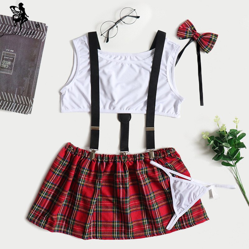 Women Sexy Lingerie Cosplay Student Uniform Mini Skirt And G-thong Set Mesh Soft Nightwear Erotic Underwear