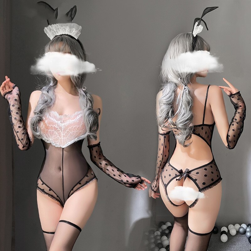 Sexy lingerie Cute lace Bodysuit Open Crotch Apparel Kawaii Bunny Girl Cosplay Costumes Headband Erotic Outfit For Women