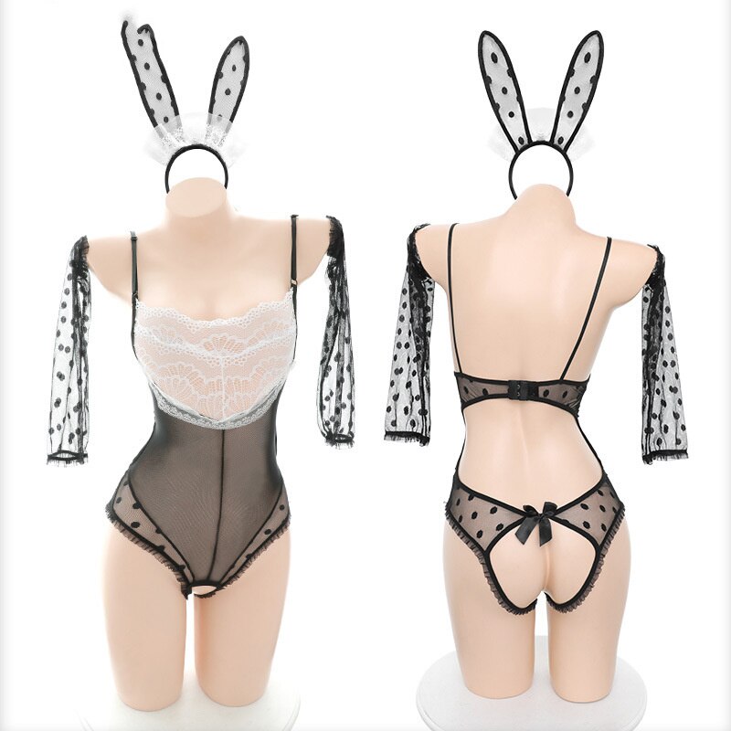 Sexy lingerie Cute lace Bodysuit Open Crotch Apparel Kawaii Bunny Girl Cosplay Costumes Headband Erotic Outfit For Women