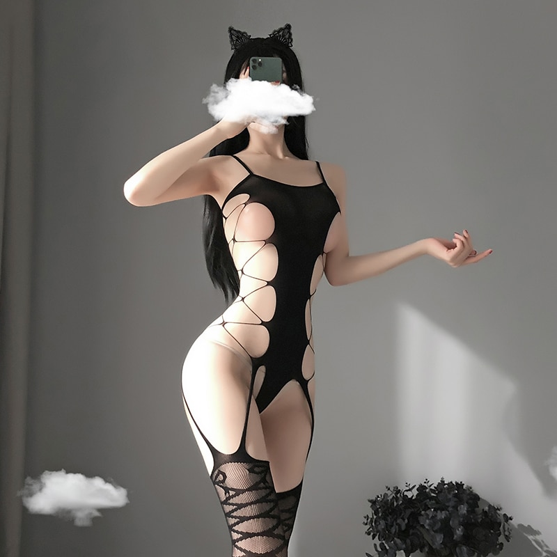 Sexy Fishnet Bow Bodysuit Hollow Out Butt Erotic Lingerie Open Chest Stretch Mesh Body Stocking Doggy Costumes For Women 2021