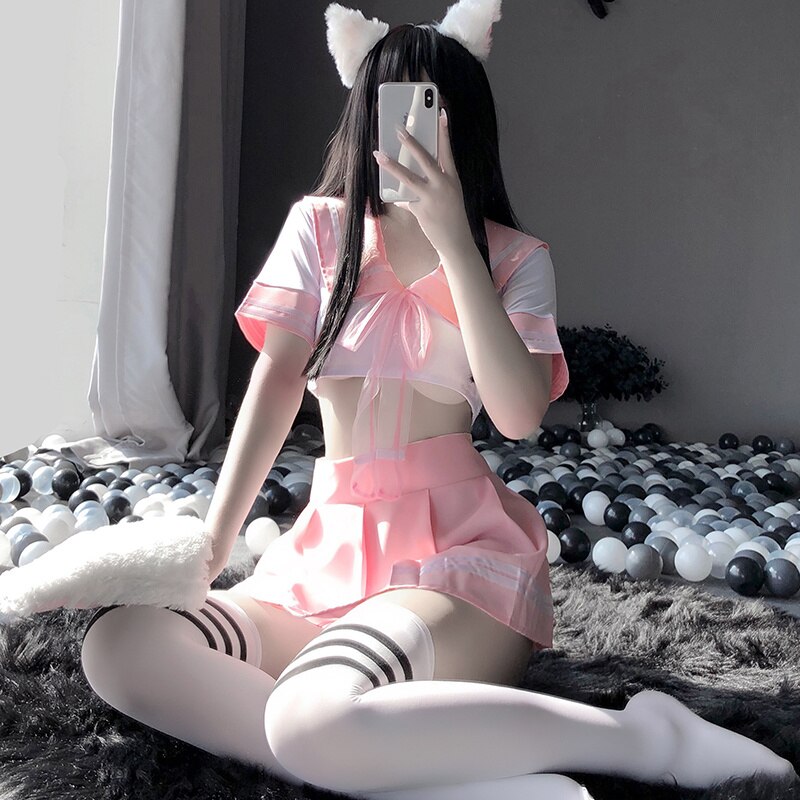 Sexy Lingerie Schoolgirl Bow Tie Women Student Uniform  костюм Velcro Sweet Japanese Pink Cosplay Costumes With Miniskirt  suit