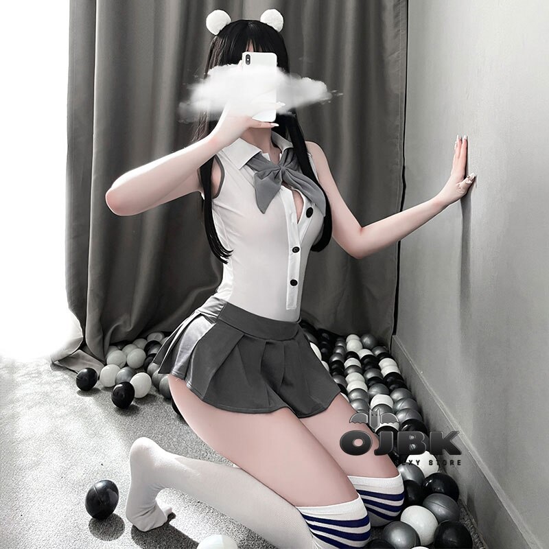 Sexy Lingerie Uniform Jpanese Kawaii Lolita School Girl Cosplay Bodysuit Teddy With Mini-Skirt Sailor Moon Outfit Gray White Set