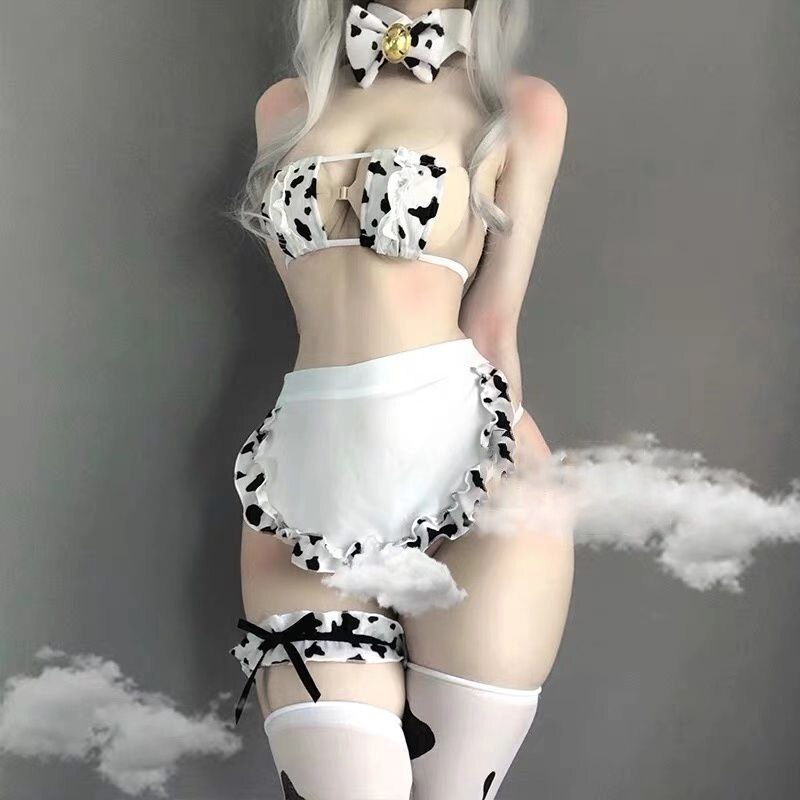 Japanese Cos Cow Cosplay Costume Maid Tankini Bikini Swimsuit Anime Girls Swimwear Clothing Lolita Bra and Panty Set Stockings
